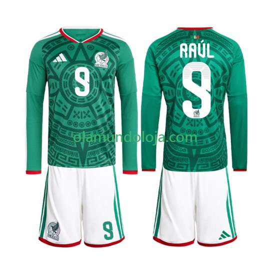 Camisola México Raul Jimenez 9 Criança Equipamento Primeiro Copa do Mundo 2026 Manga Comprida
